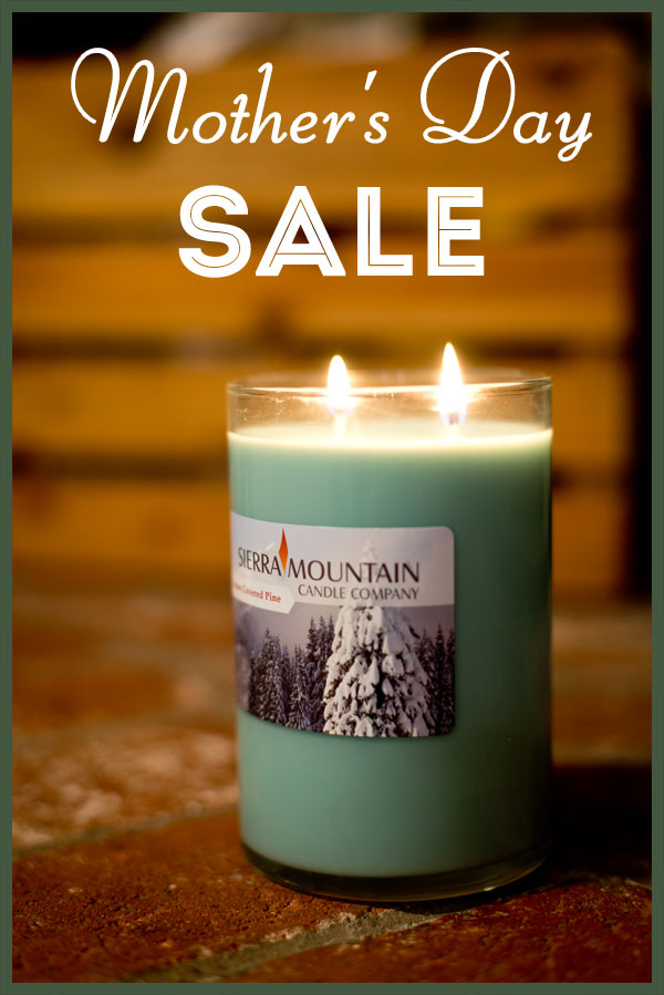 Image of Snow Covered Pine candle with the text Mothers Day Sale