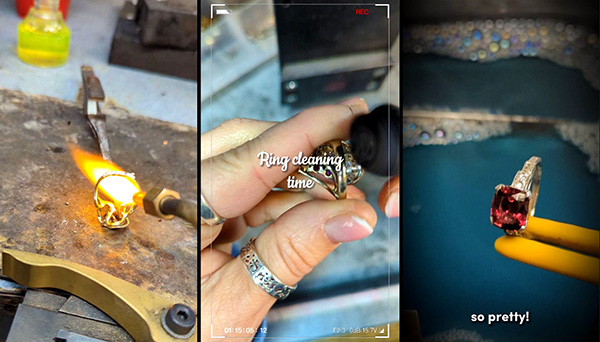 Three thumbnails of recent videos showing jewelry being worked on