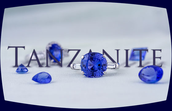 Tanzanite jewelry and loose stones with text that reads Tanzanite in the background