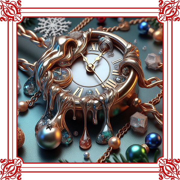 An image of a clock with jewelry and Christmas designs around it