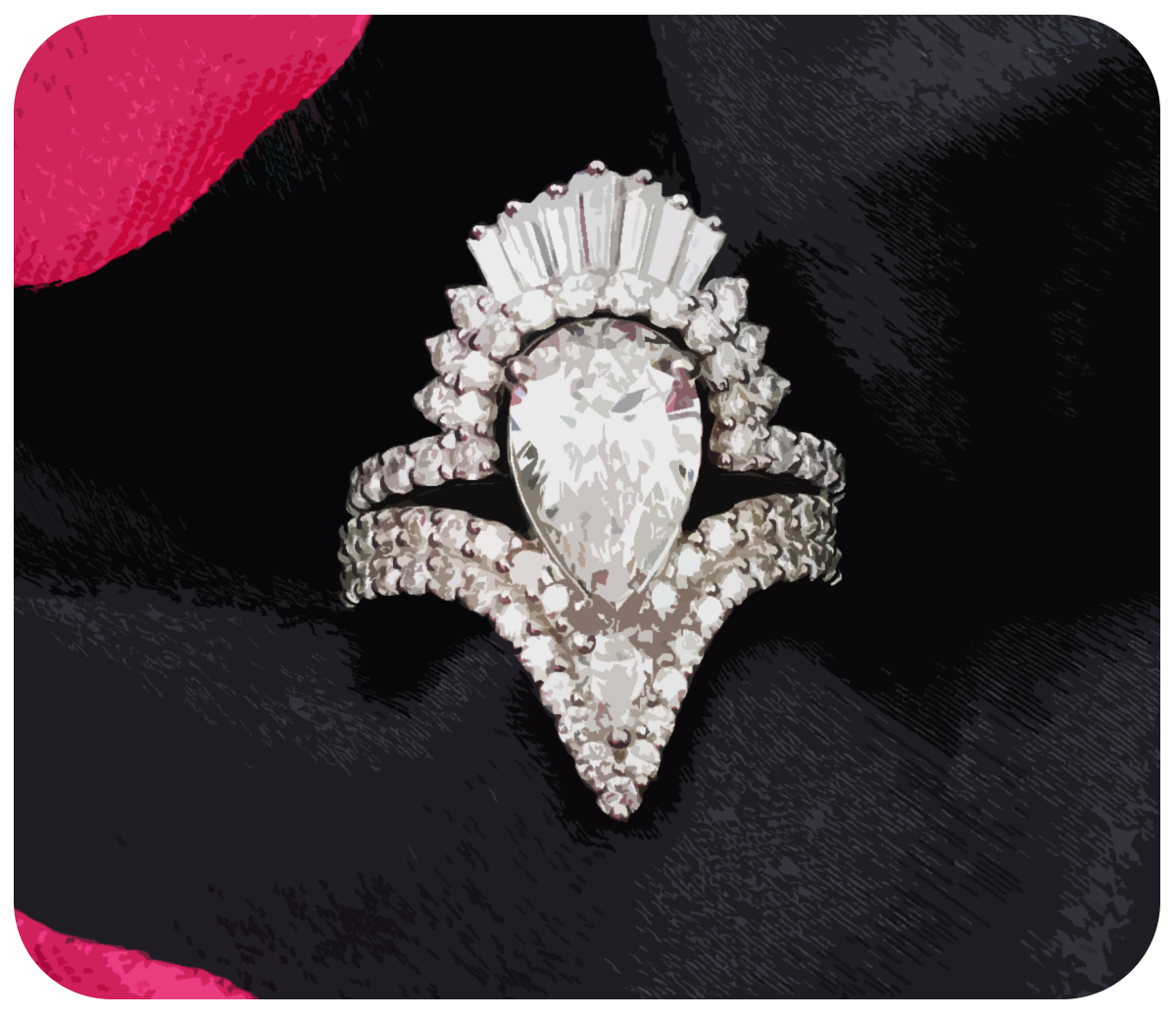 An illustration of an engagement ring with a large center diamond and many accents