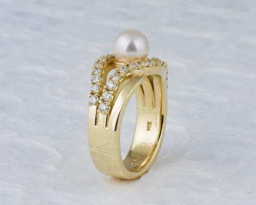 Yellow gold custom pearl engagement ring - side