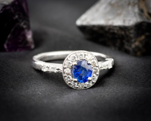 Non-Traditional Sapphire Halo Engagement Ring : Arden Jewelers