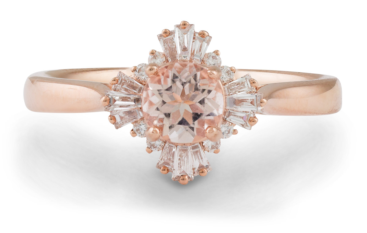 Art Deco Inspired Morganite Ring With Baguette Diamond Halo : 41306