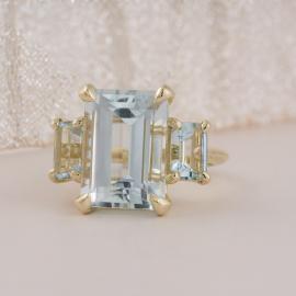 Emerald Cut Aquamarine Three Stone Ring