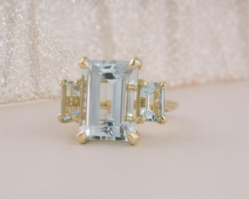 Emerald Cut Aquamarine Three Stone Ring