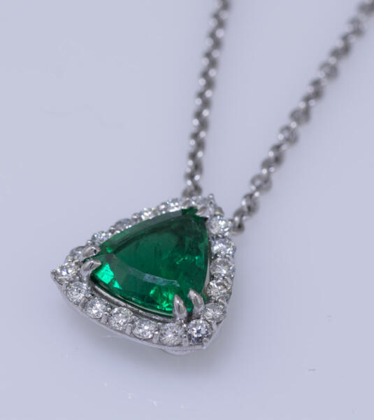 Trillion Emerald and Diamond Halo Necklace : Arden Jewelers