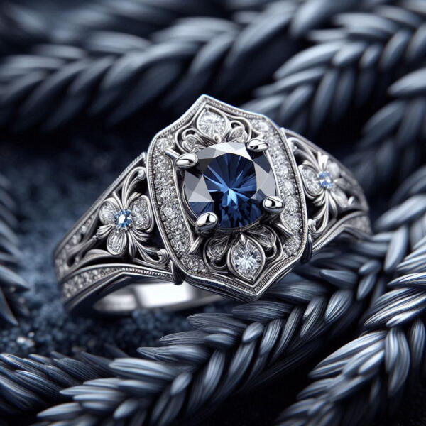 Vintage inspired engagement ring with blue stones