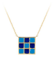 Blue Checkered Enamel Necklace in 14 karat Yellow Gold with cable chain front