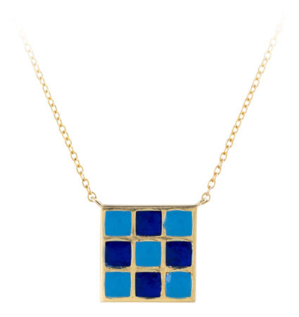 Blue Checkered Enamel Necklace in 14k Yellow Gold