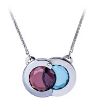 Union articulating pendant with rhodolite garnet and blue topaz front open